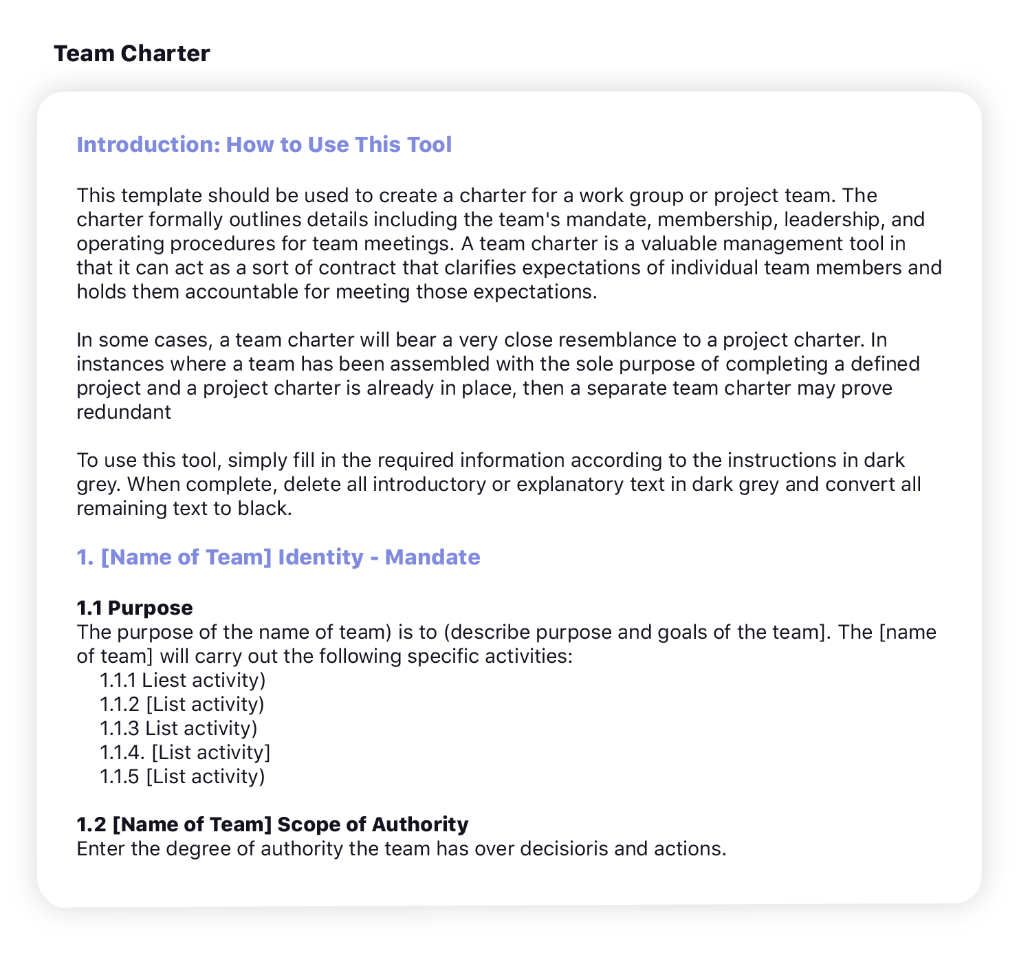 Team Charter per Startup Tech