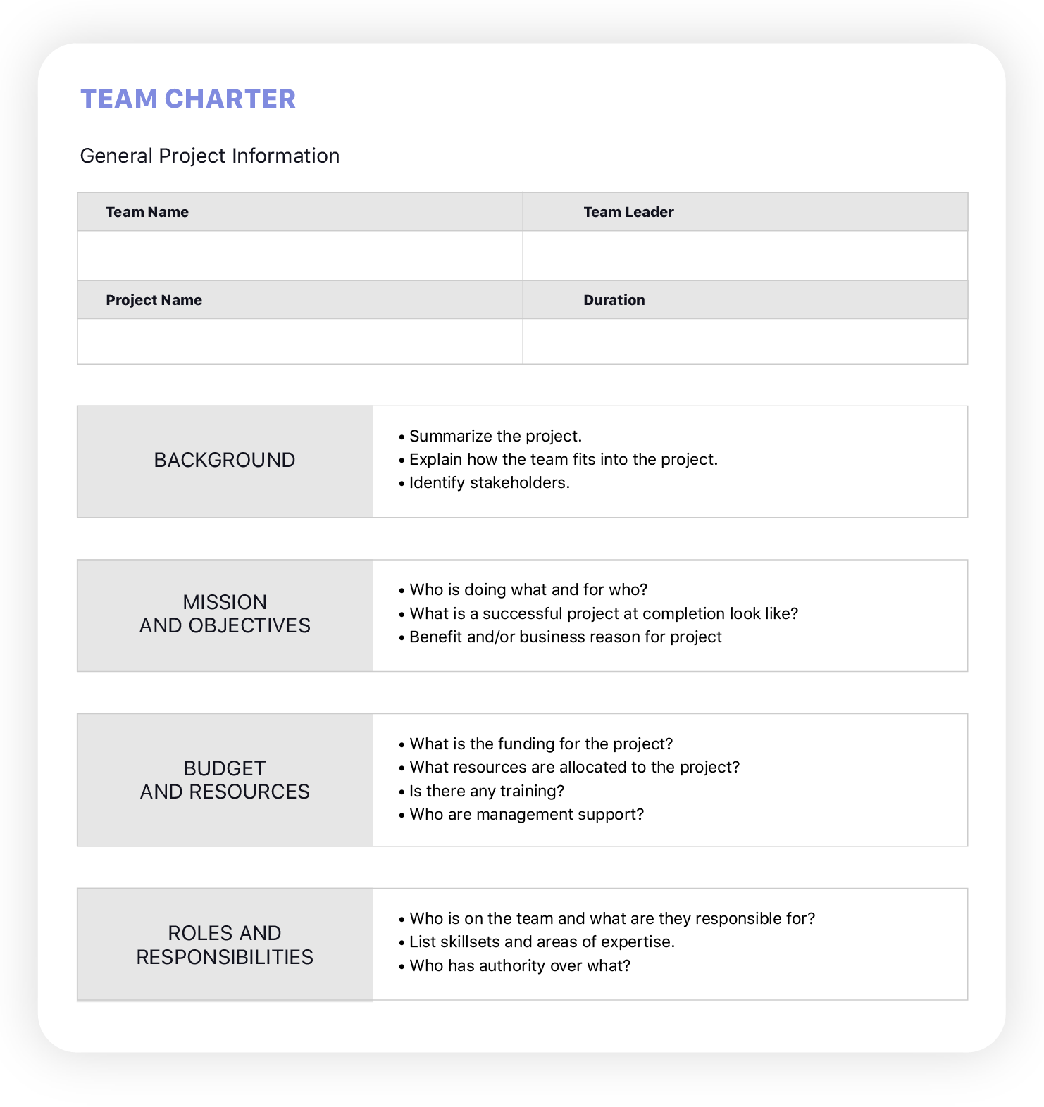 Team Charter per Ricerca